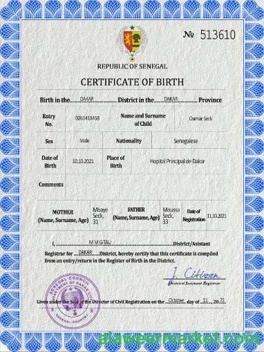 Senegal birth certificate PSD template